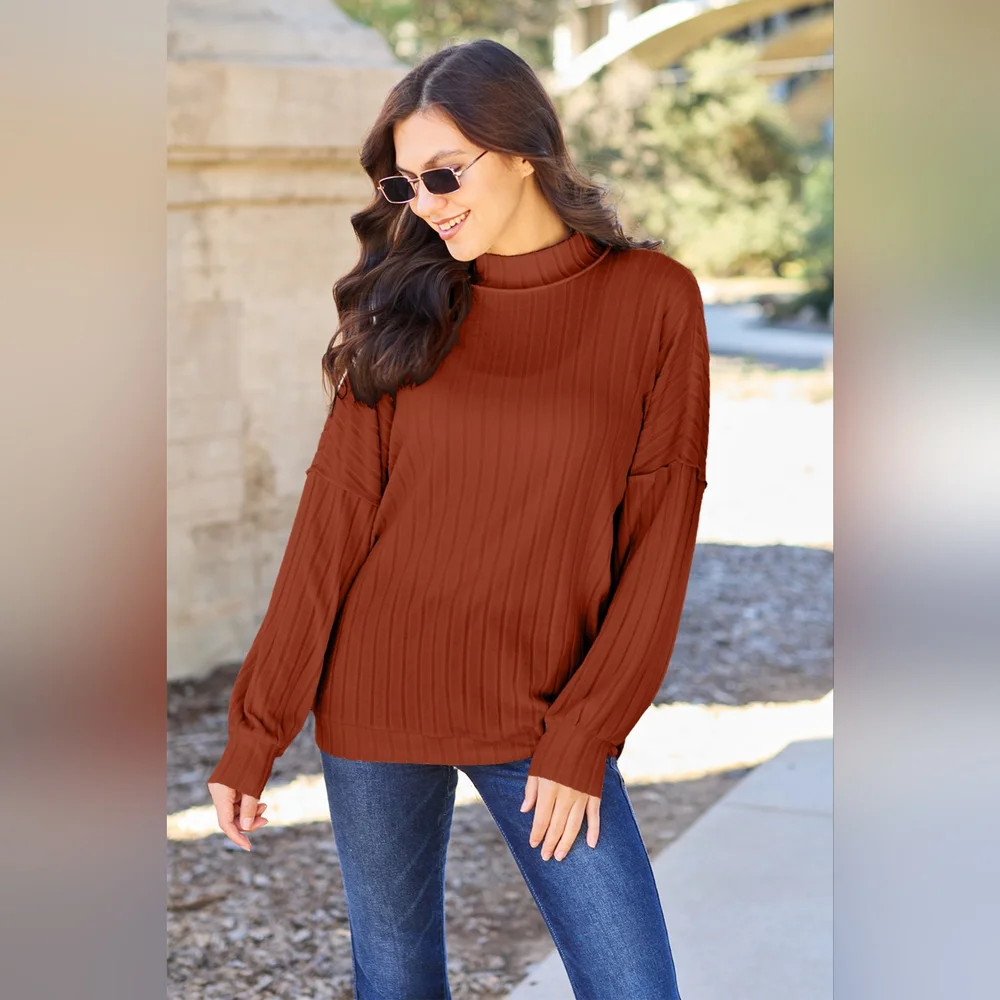 Basic Bae Full Size Ribbed Exposed Seam Mock Neck Knit Top - Picture 2 of 3